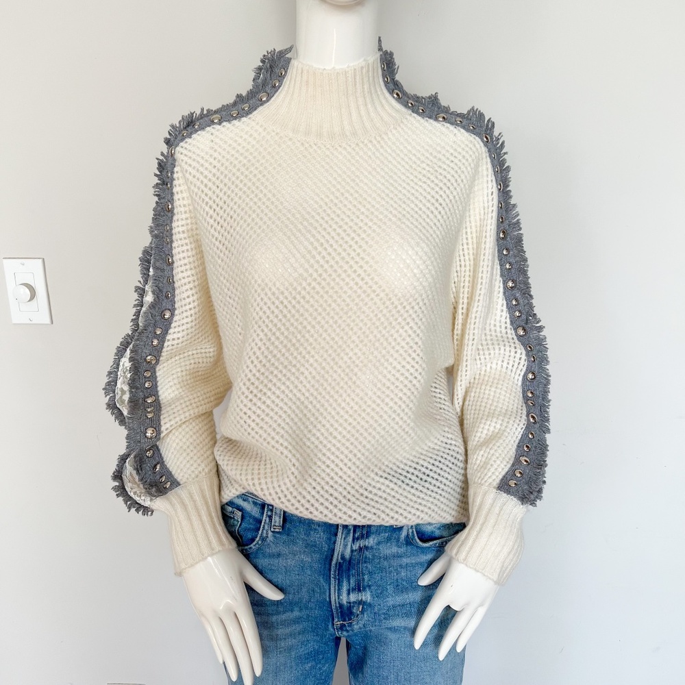 NEW Liu Jo Wool Alpaca Blend Fishnet Funky Sweater Off White Grey Fringe M